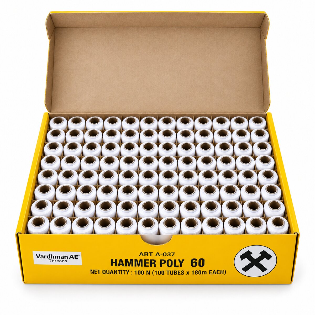 Vardhman AE Hammer Poly 60 White Sewing Thread Box | 100 Tubes x 180 Metres Each | 100% Spun Polyester Thread