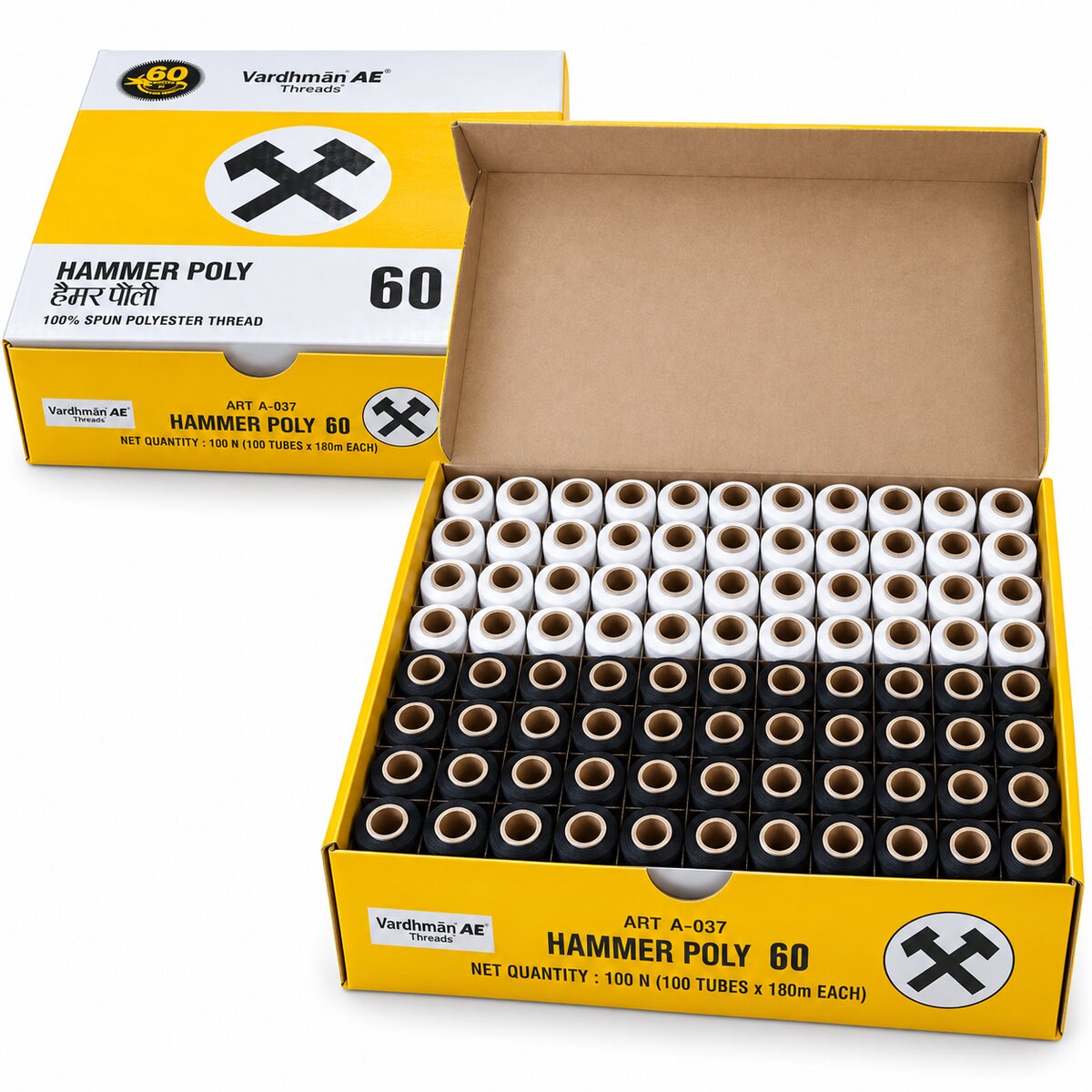 Vardhman AE Hammer Poly 60 Black & White Sewing Thread Combo | 100 Tubes x 180 Metres Each | 100% Spun Polyester Thread
