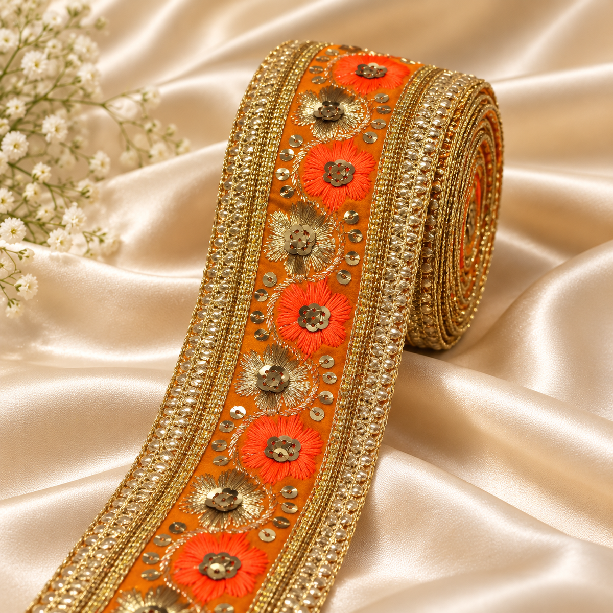 Premium Orange & Gold Floral Embroidery Lace Border with Golden Sequin Work for Saree, Lehenga, Blouse, Dupatta & Bridal Wear – 9 Meter
