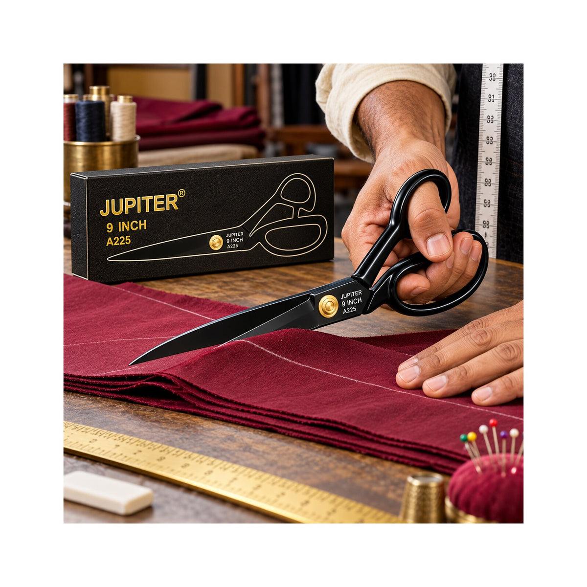 Jupiter A225 9 Inch Large Yarn Shear | Heavy Duty Tailoring Scissor for Cloth Cutting | Sharp Steel Blades | Black