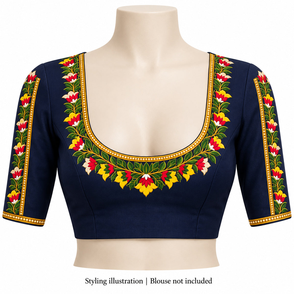 Multicolour Floral DTF Heat Transfer Sticker Set with U-Neckline and Matching Borders for Blouse