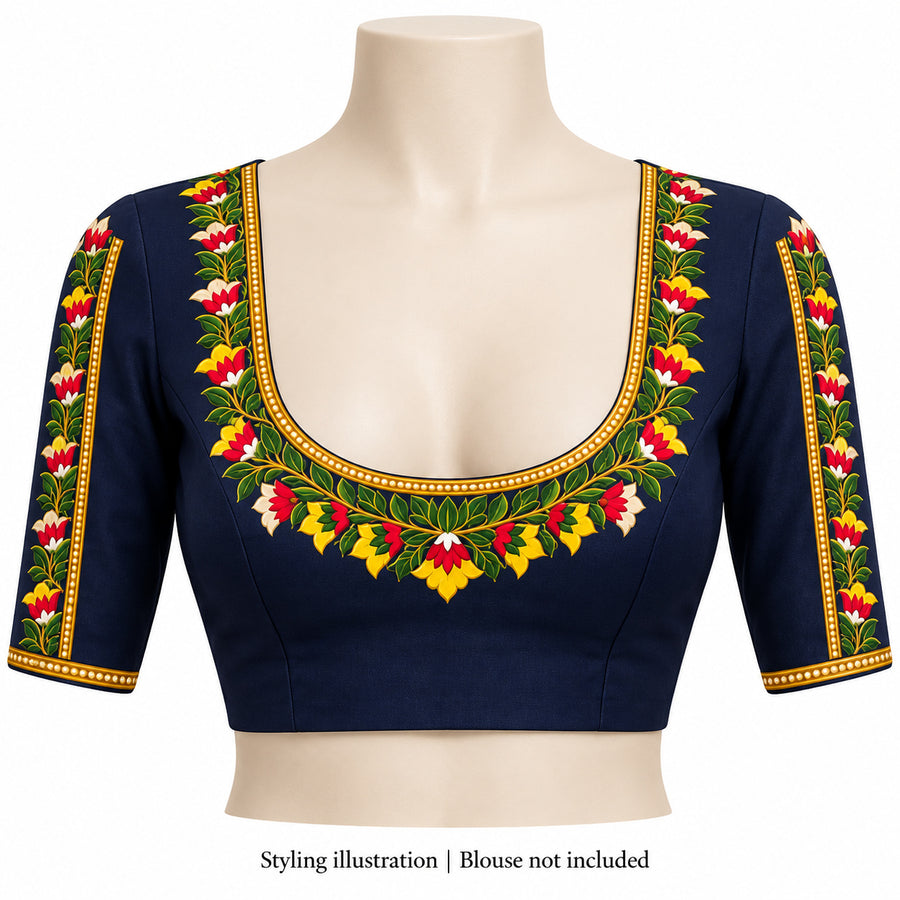 Multicolour Floral DTF Heat Transfer Sticker Set with U-Neckline and Matching Borders for Blouse