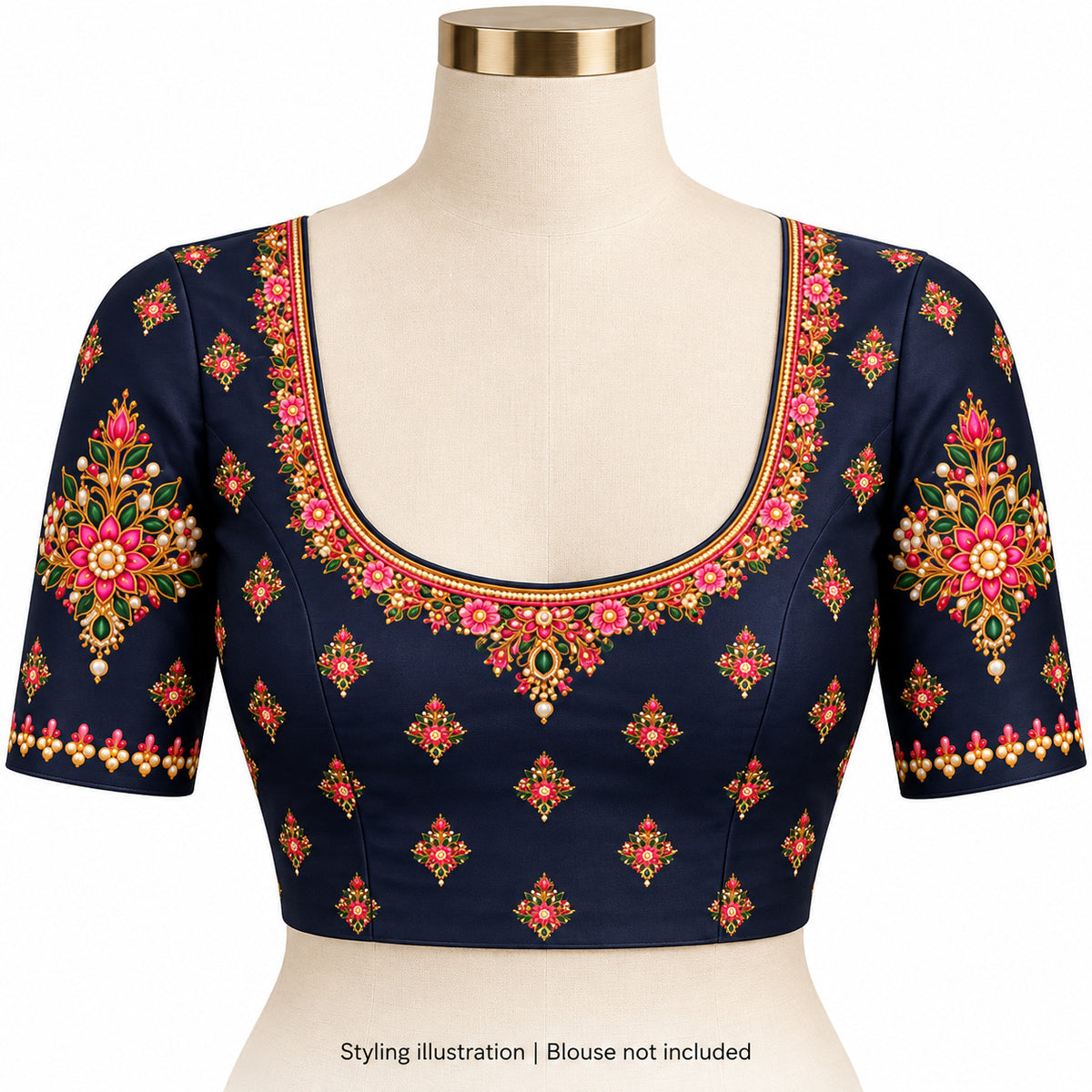 Pink & Green Floral DTF Blouse Sticker Set with Gold-Tone Neckline, Sleeve Motifs and Decorative Border