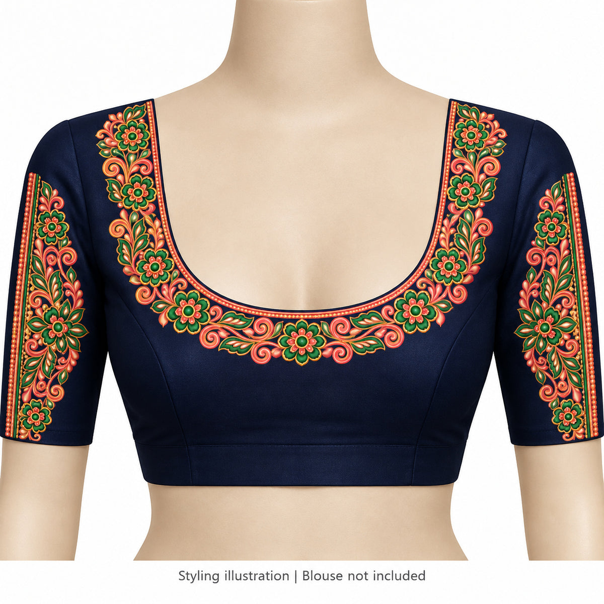 Coral Pink & Green Floral DTF Heat Transfer Sticker Set with U-Neck and Sleeve Borders for Blouse