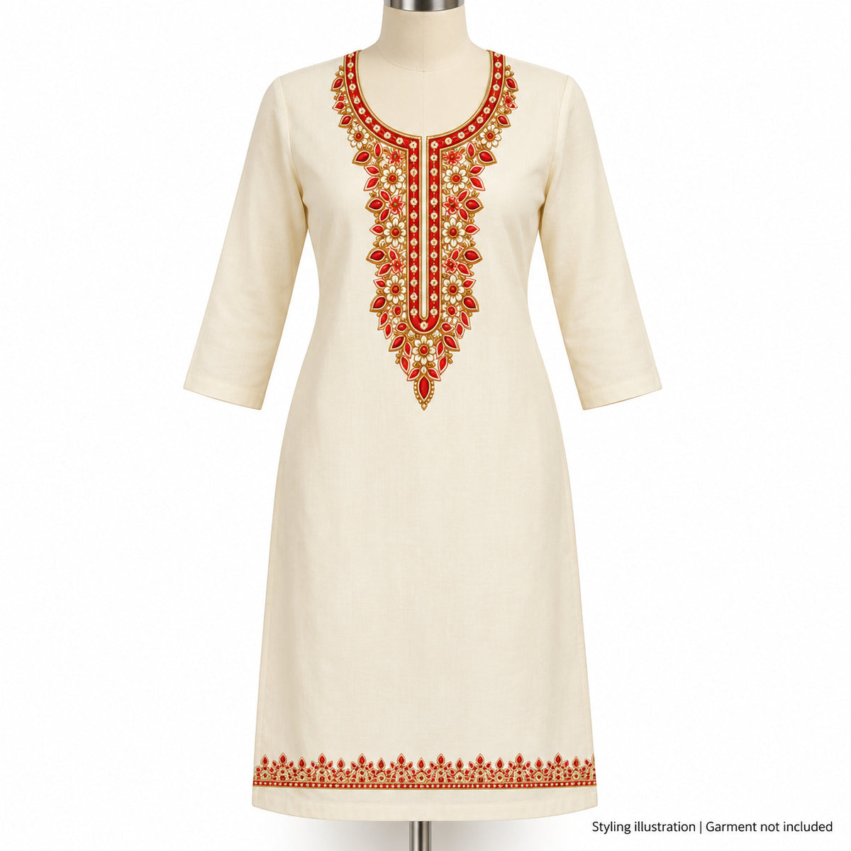 Red & Ivory Floral DTF Heat Transfer Sticker Set with Gold-Tone Neckline and Border for Kurti & Suit