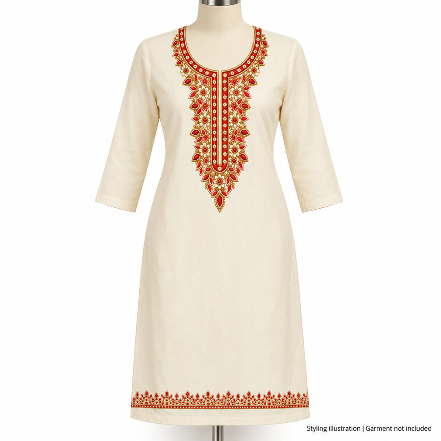 Red & Ivory Floral DTF Heat Transfer Sticker Set with Gold-Tone Neckline and Border for Kurti & Suit