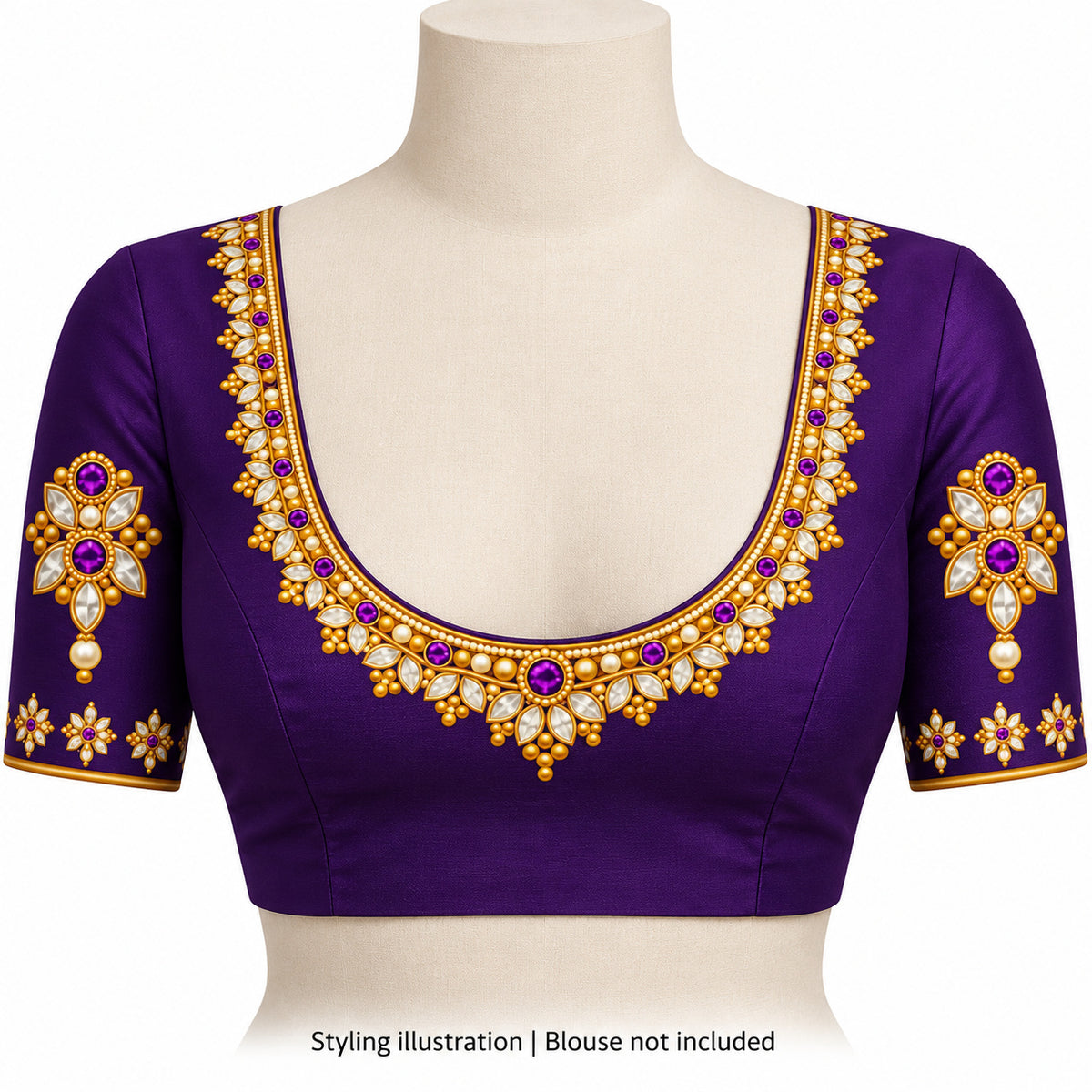 Purple & Gold-Tone Jewellery Print DTF Blouse Sticker Set with Front Neck, Back Design and Sleeve Motifs