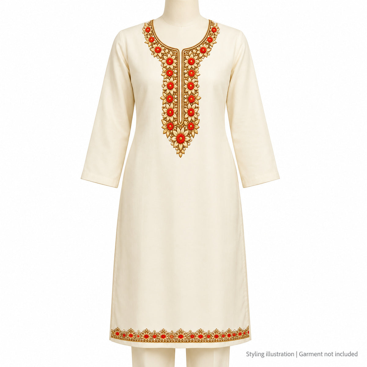 Red Floral & Gold-Tone Leaf DTF Heat Transfer Sticker Set with Neckline and Matching Border for Kurti & Suit