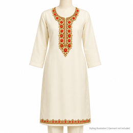 Red Floral & Gold-Tone Leaf DTF Heat Transfer Sticker Set with Neckline and Matching Border for Kurti & Suit