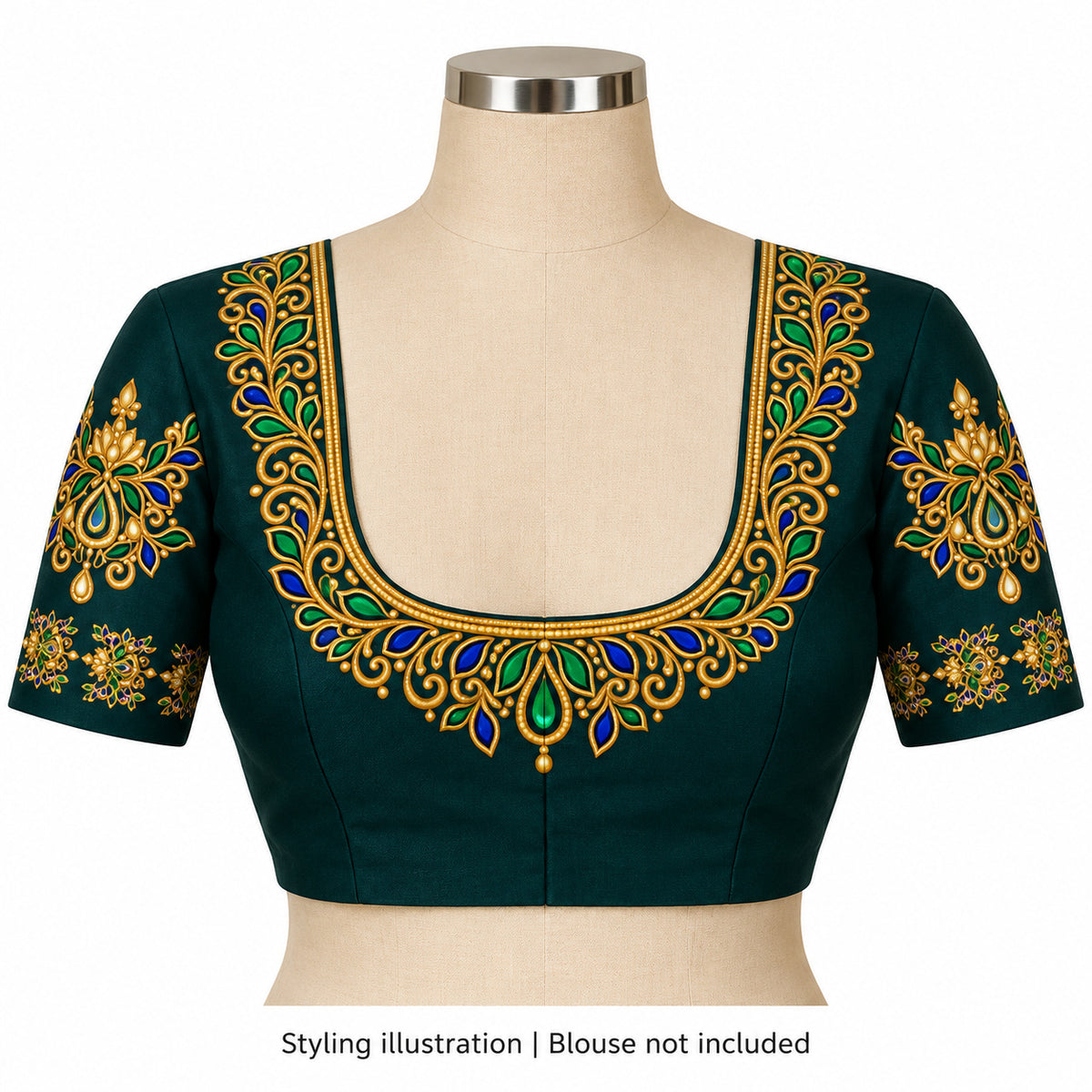 Green & Blue Gold-Tone DTF Blouse Sticker Set with Floral U-Neckline and Decorative Sleeve Motifs