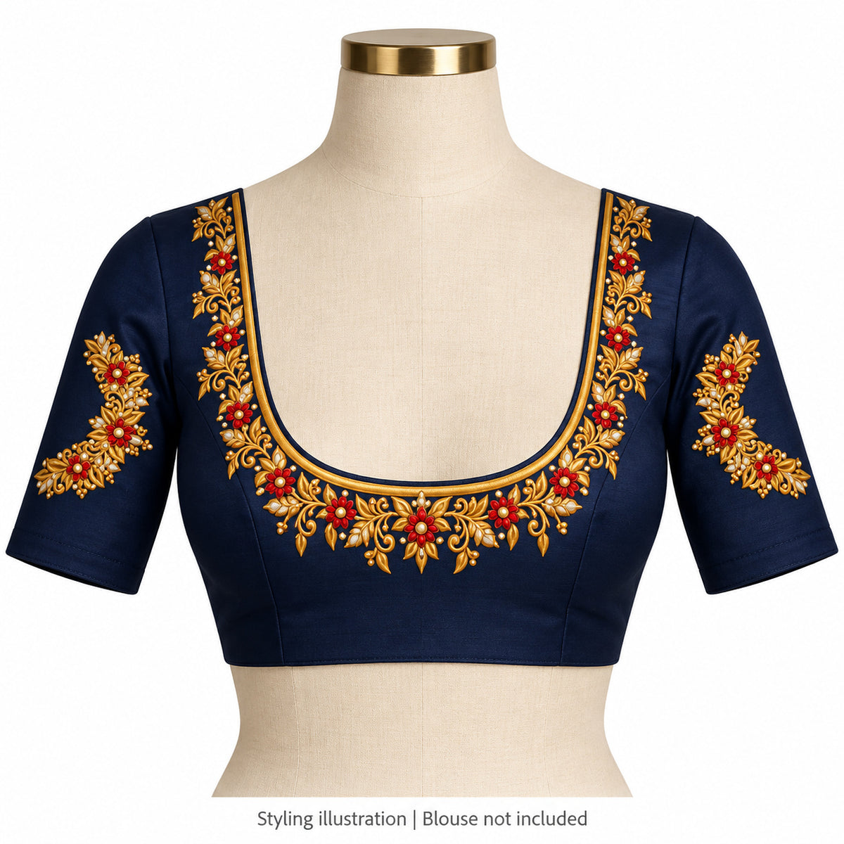 Red Floral & Gold-Tone Leaf DTF Blouse Sticker Set with Neckline Designs and Decorative Motifs