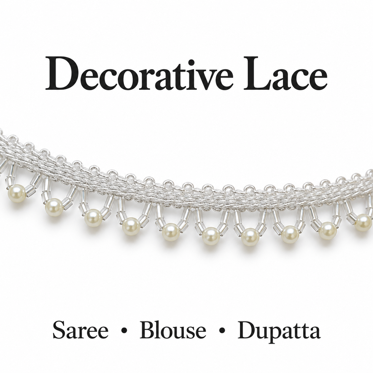 White Pearl Hanging Lace Border with Clear Tube Beads for Saree, Blouse & Dupatta – 7 Meter
