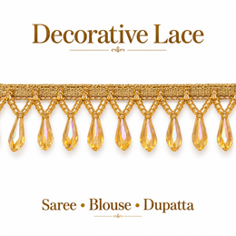 Golden Crystal-Style Teardrop Hanging Lace Border for Saree, Blouse & Dupatta – 7 Meter