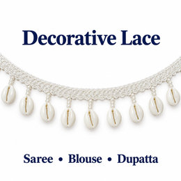 White Cowrie Shell Hanging Lace Border with Moti Beads for Saree, Blouse & Dupatta – 7 Meter