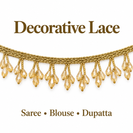 Golden Triple Teardrop Beaded Hanging Lace Border for Saree, Blouse & Dupatta – 7 Meter