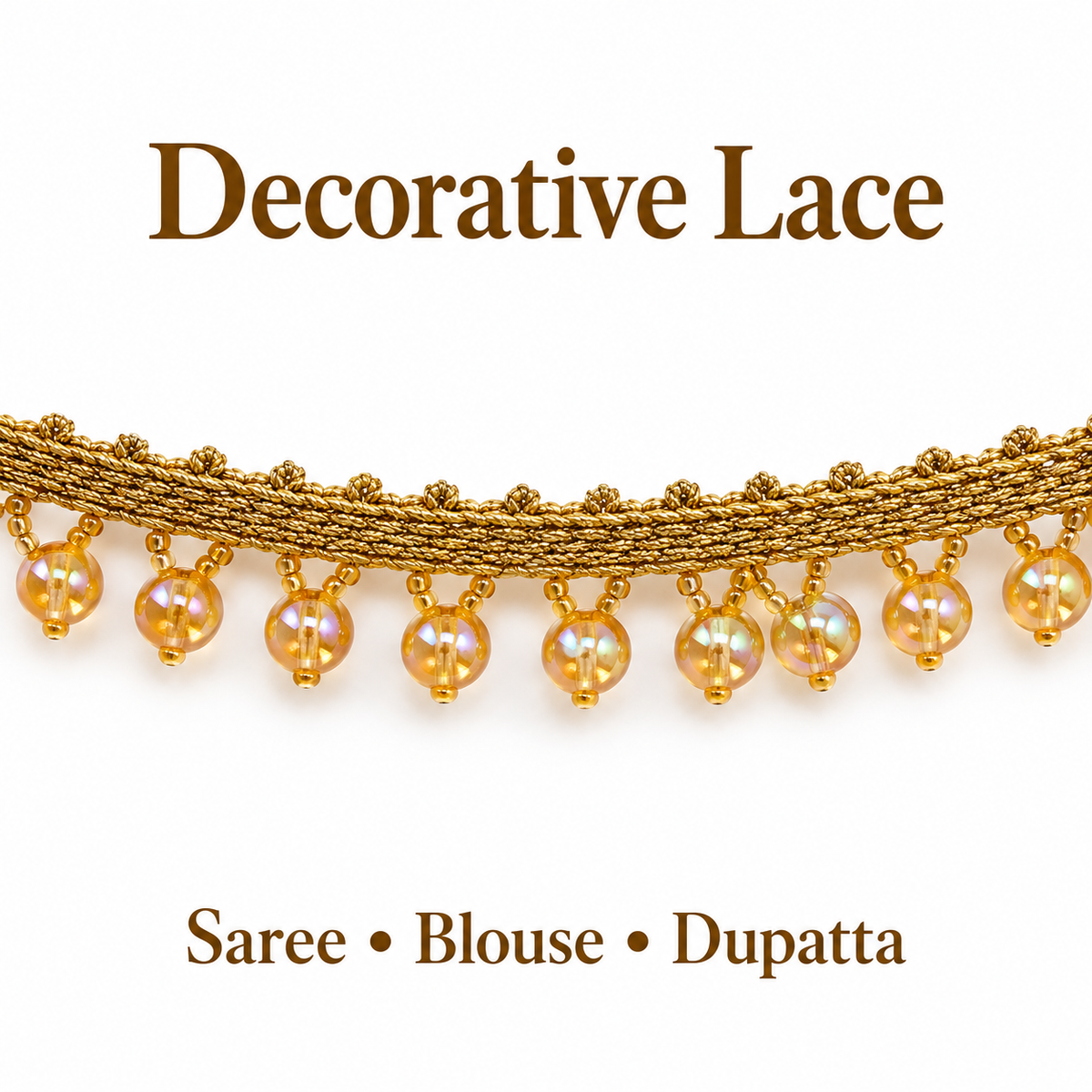 Golden Round Bead Hanging Lace Border with Iridescent Shine for Saree, Blouse & Dupatta – 7 Meter