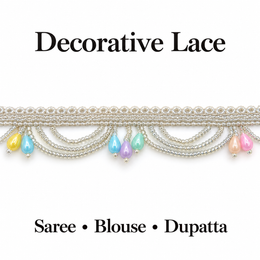 Silver Beaded Scalloped Hanging Lace with Pastel Multicolour Teardrops for Saree, Blouse & Dupatta – 7 Meter
