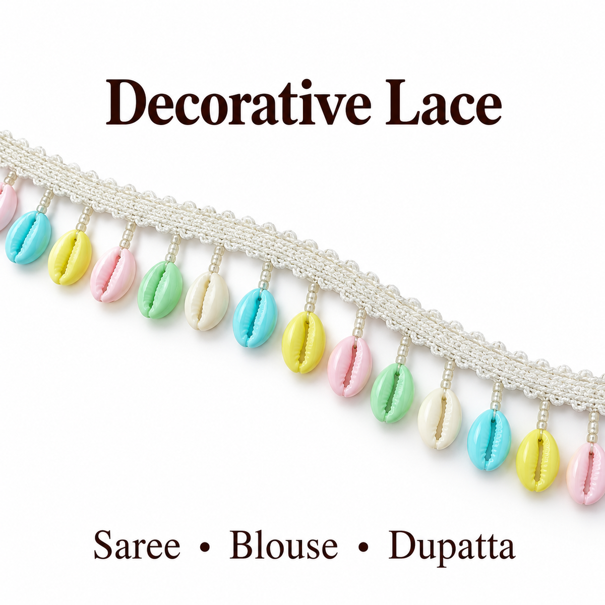 White Pastel Multicolour Cowrie Shell Hanging Lace Border for Saree, Blouse & Dupatta – 7 Meter