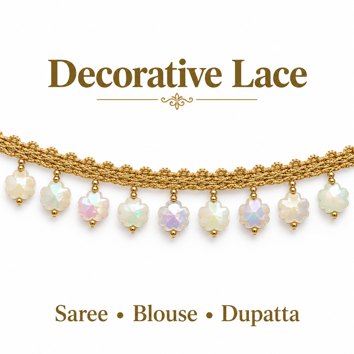 Golden Flower Beaded Hanging Lace Border with Ivory Iridescent Drops for Saree, Blouse & Dupatta – 7 Meter
