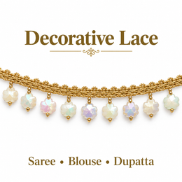 Golden Flower Beaded Hanging Lace Border with Ivory Iridescent Drops for Saree, Blouse & Dupatta – 7 Meter