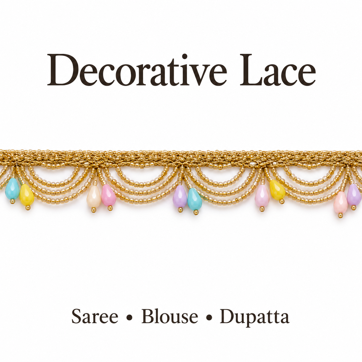 Golden Beaded Scalloped Hanging Lace with Pastel Multicolour Teardrops for Saree, Blouse & Dupatta – 7 Meter