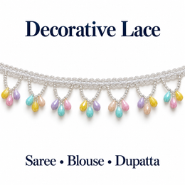 White Pastel Multicolour Teardrop Beaded Hanging Lace Border for Saree, Blouse & Dupatta – 7 Meter