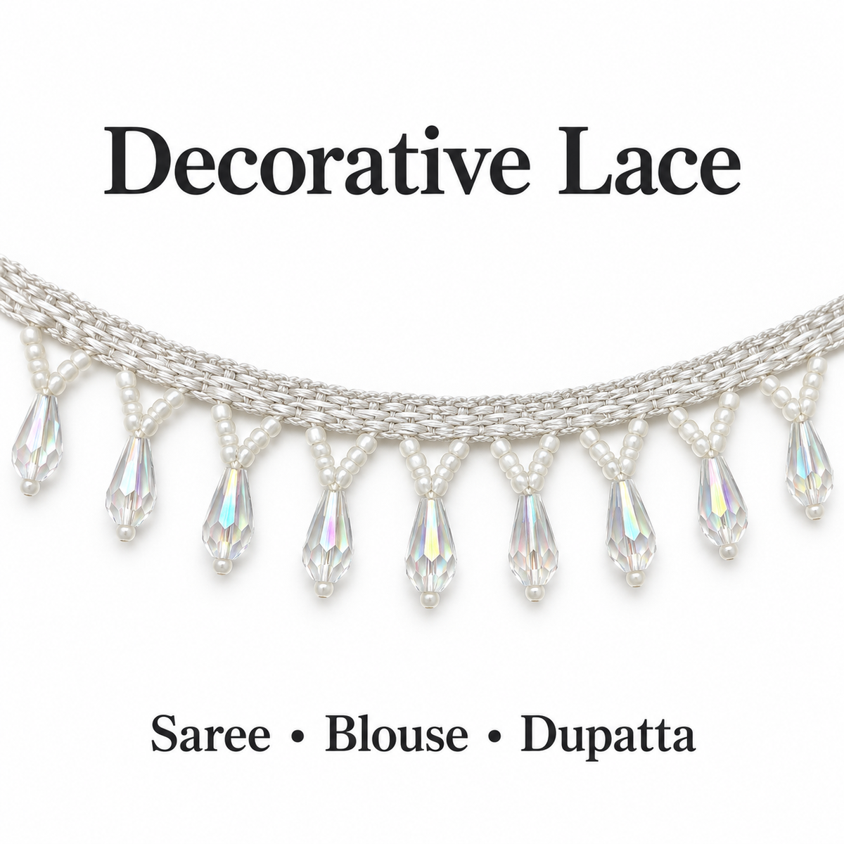 White Moti & Crystal-Style Teardrop Hanging Lace Border for Saree, Blouse & Dupatta – 7 Meter