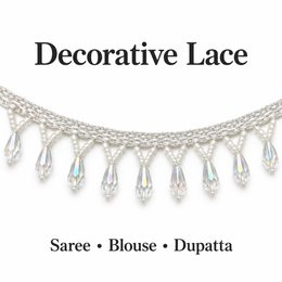 White Moti & Crystal-Style Teardrop Hanging Lace Border for Saree, Blouse & Dupatta – 7 Meter