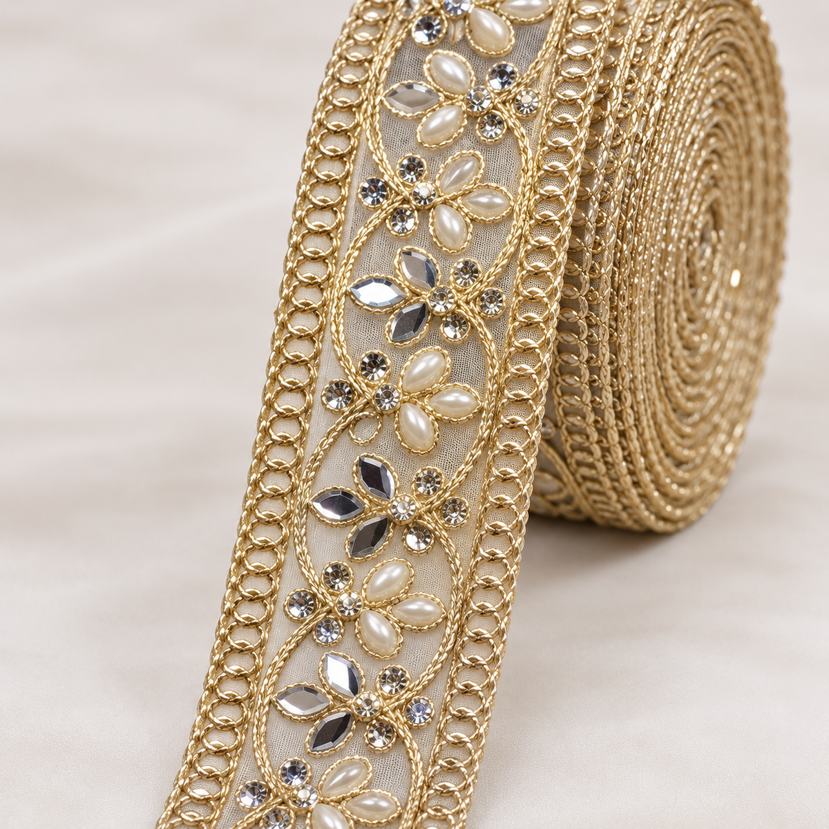 Premium Golden Floral Mirror Pearl & Stone Work Designer Lace for Saree, Lehenga, Blouse & Dupatta Border – 9 Meter Roll