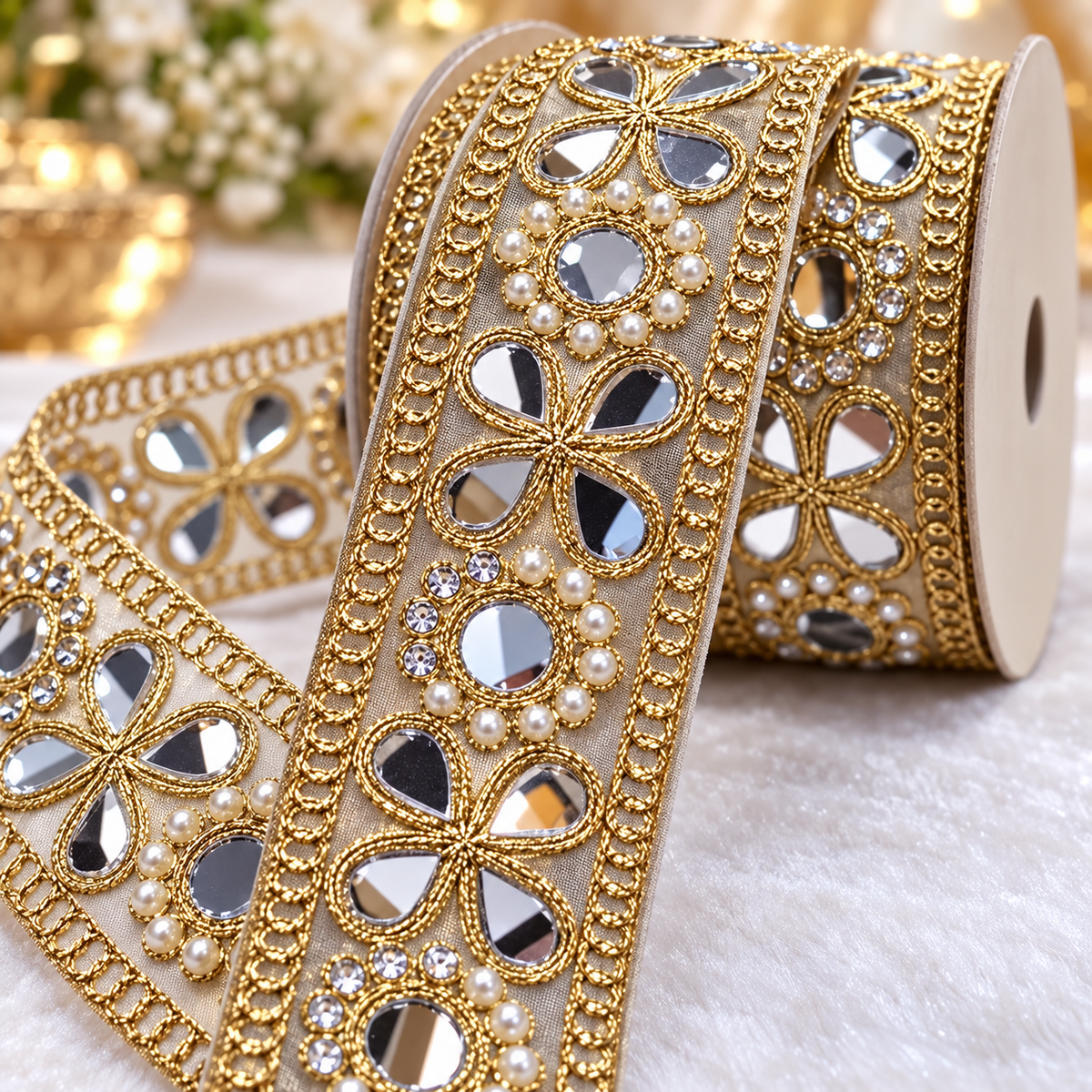 Premium Golden Floral Mirror Pearl & Stone Work Embroidered Designer Lace for Saree, Lehenga, Blouse & Dupatta Border – 9 Meter Roll