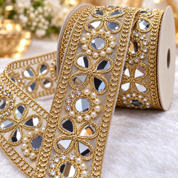 Premium Golden Floral Mirror Pearl & Stone Work Embroidered Designer Lace for Saree, Lehenga, Blouse & Dupatta Border – 9 Meter Roll