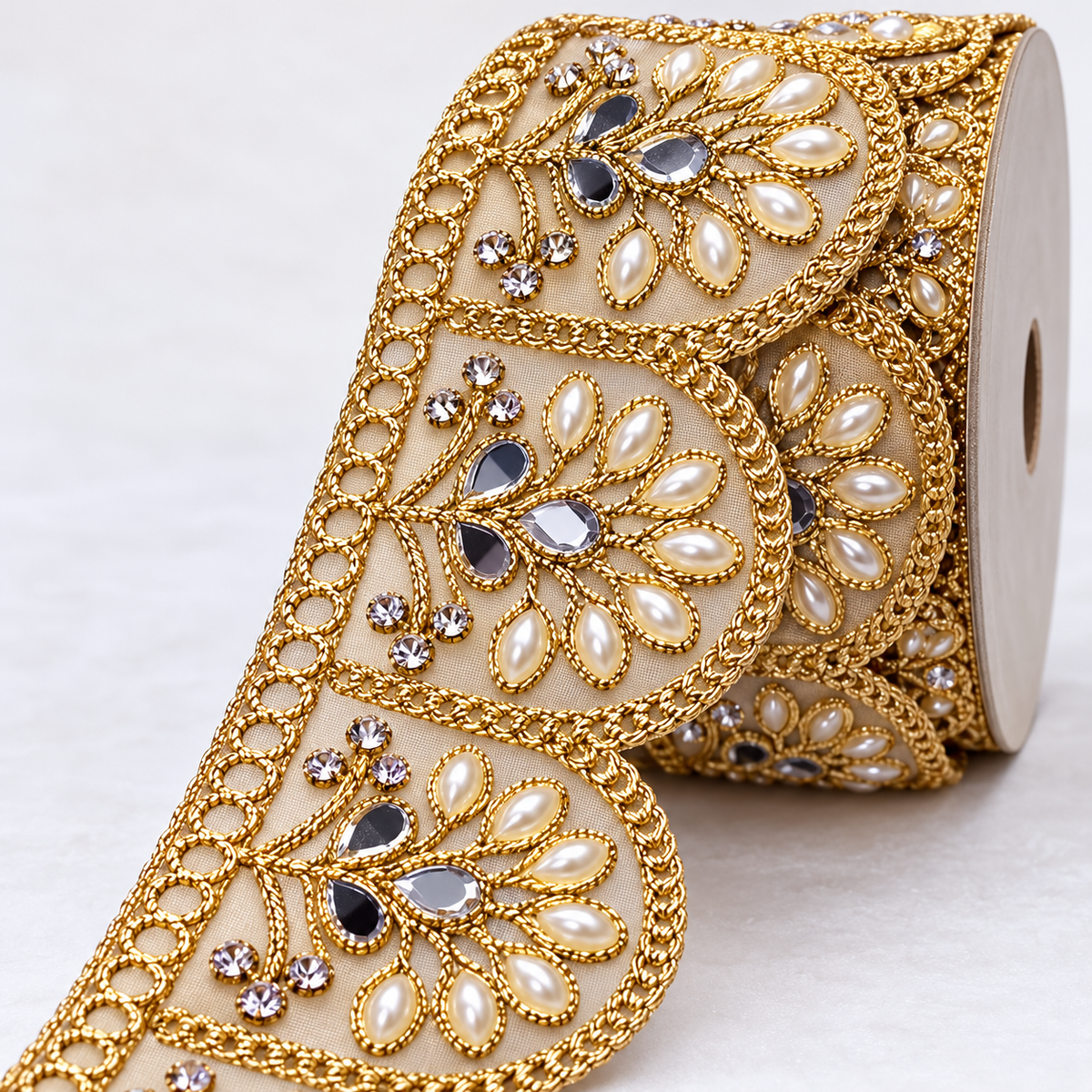 Premium Golden Scallop Floral Mirror Pearl & Stone Work Designer Lace for Saree, Lehenga, Blouse & Dupatta Border – 9 Meter Roll