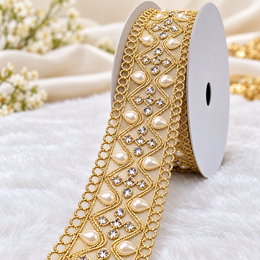 Premium Golden Diamond Pearl & Stone Work Embroidered Designer Lace for Saree, Lehenga, Blouse & Dupatta Border – 9 Meter Roll