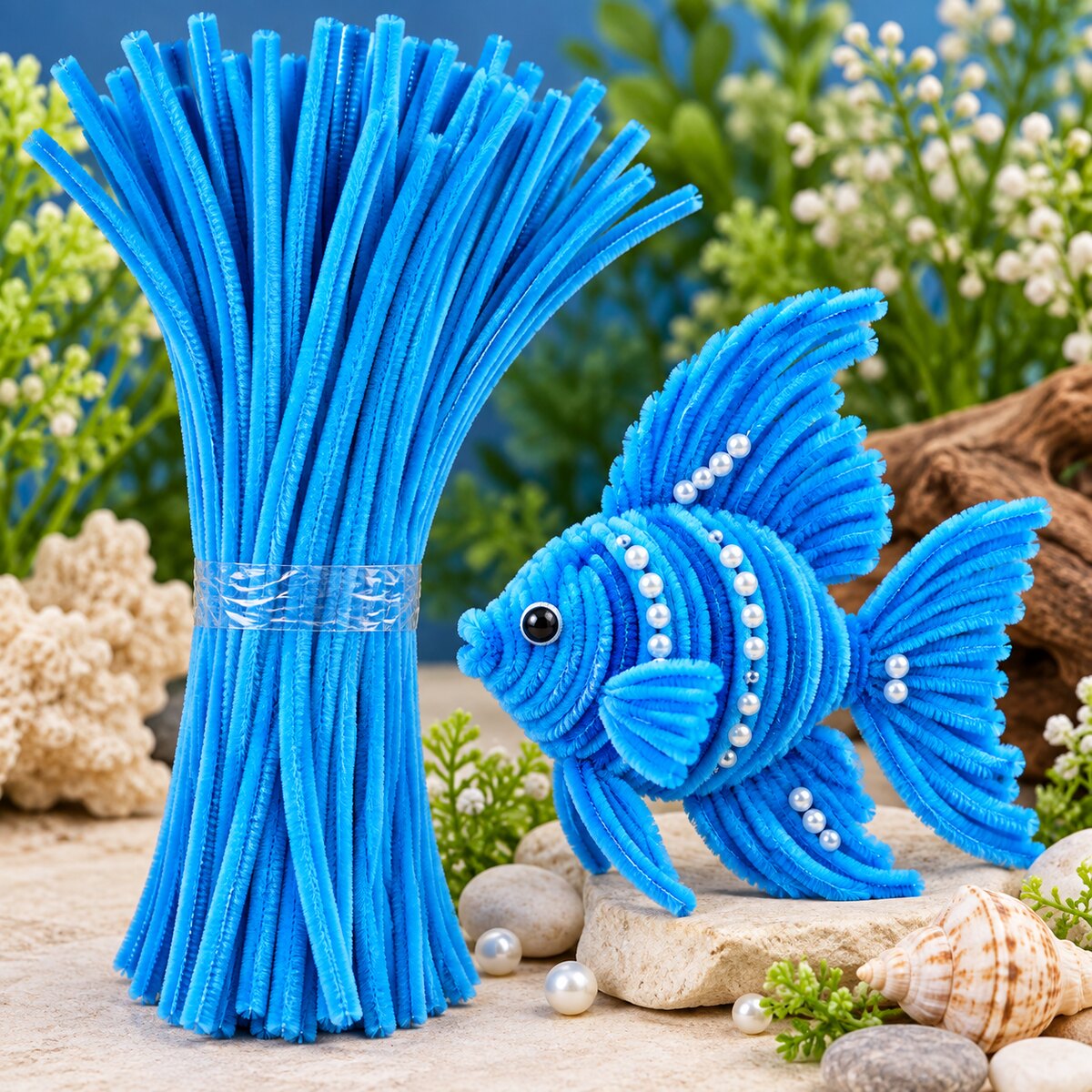 Bright Blue Pipe Cleaner Chenille Stem for DIY Craft, Flower Making & Decoration | 100 Pieces per Packet