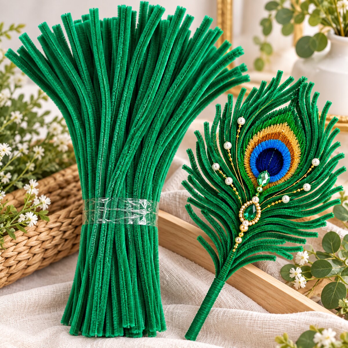 Emerald Green Pipe Cleaner Chenille Stem for Art & Craft DIY Decoration – 100 Pieces per Packet