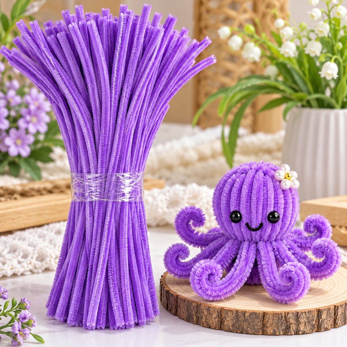 Purple Chenille Pipe Cleaner Craft Stems – 100 Pieces Pack | DIY Flower, Tassel & Craft Making
