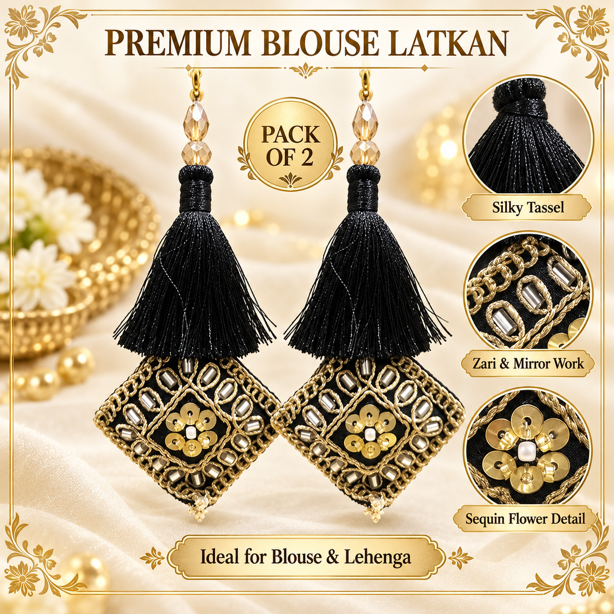 Premium Black Blouse Latkan Tassel Pair with Golden Beads, Mirror & Sequin Work – Pack of 2
