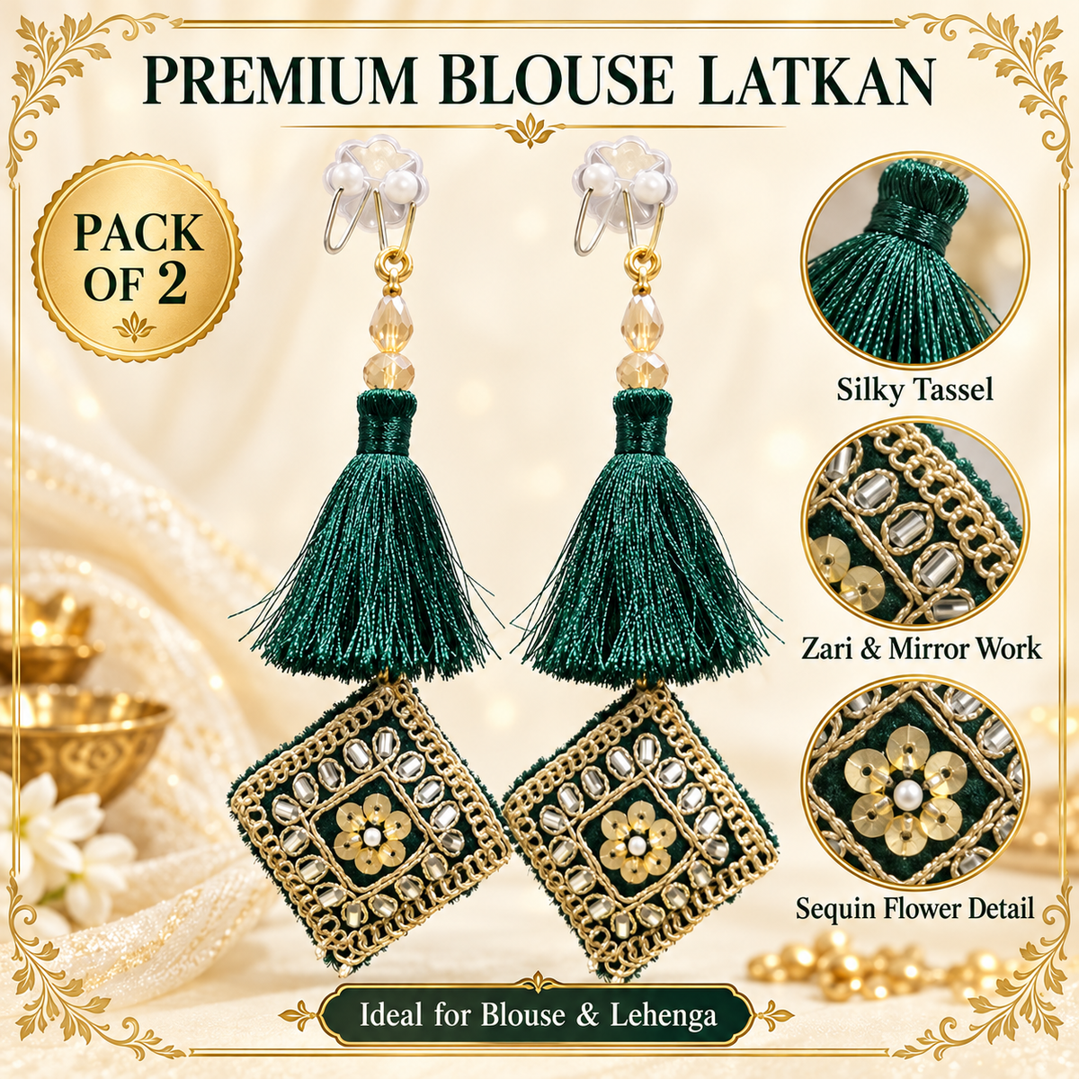 Premium Bottle Green Blouse Latkan Pack of 2 | Silky Tassel with Zari, Mirror & Sequin Work | Designer Dori Tassel for Blouse, Lehenga & Saree