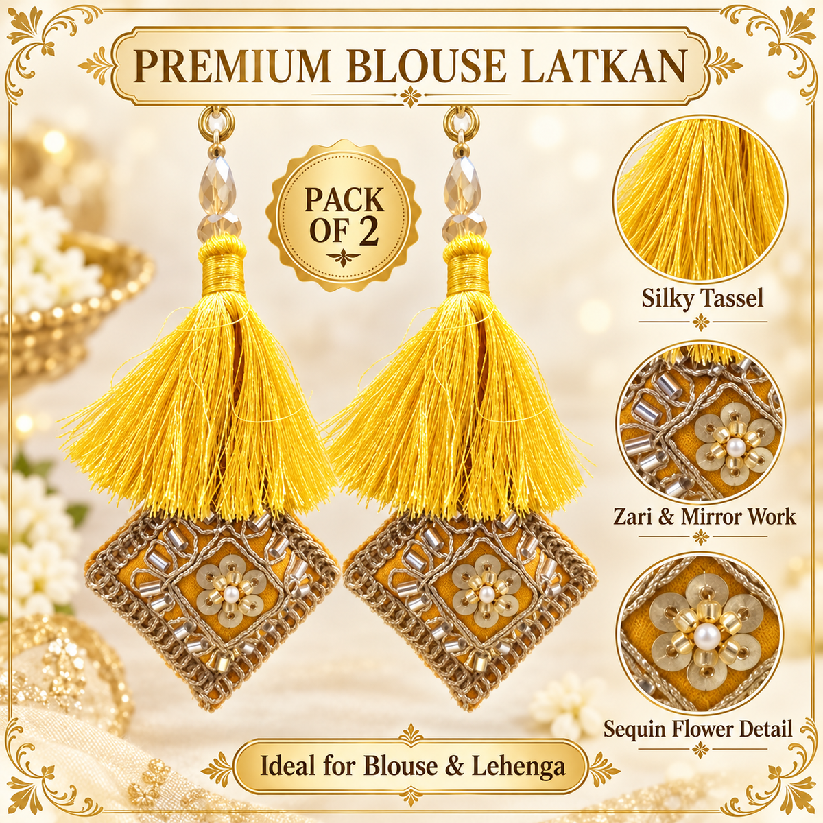 Premium Yellow Blouse Latkan Pack of 2 | Silky Tassel with Zari, Mirror & Sequin Work | Designer Dori Tassel for Blouse, Lehenga & Saree
