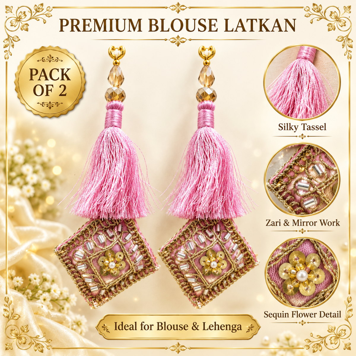 Premium Blouse Latkan for Women Pack of 2 | Pink Silky Tassel with Zari Mirror & Sequin Work | Decorative Dori Tassel for Blouse, Lehenga & Saree
