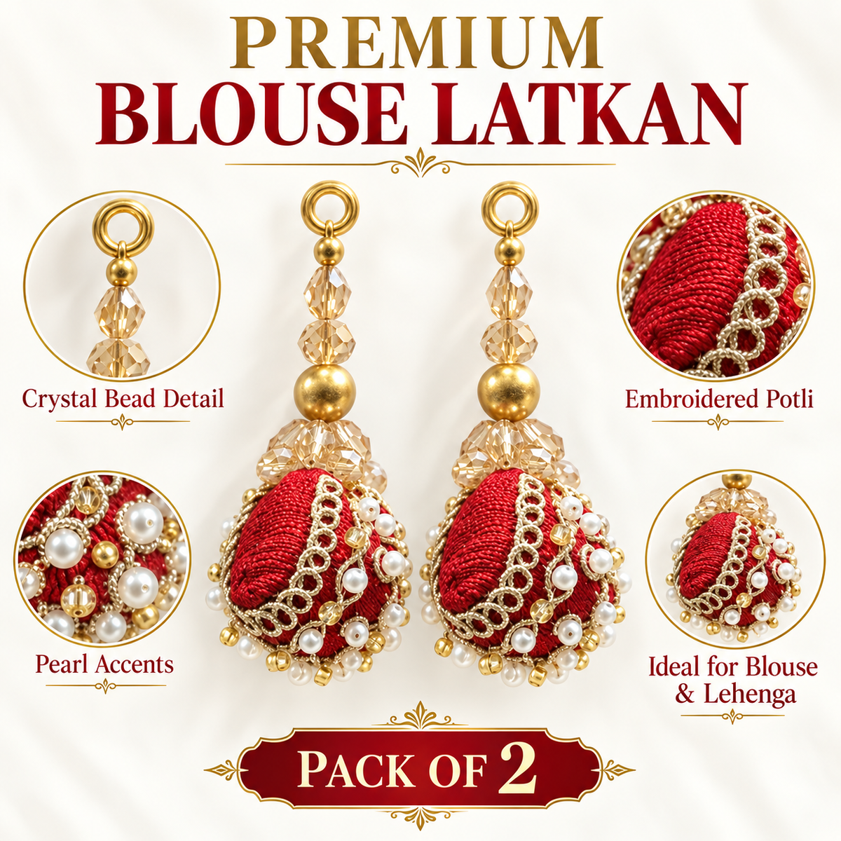Premium Red Designer Potli Blouse Latkan with Pearl Beads, Golden Embroidery & Crystal Bead Work – Pack of 2 Pieces