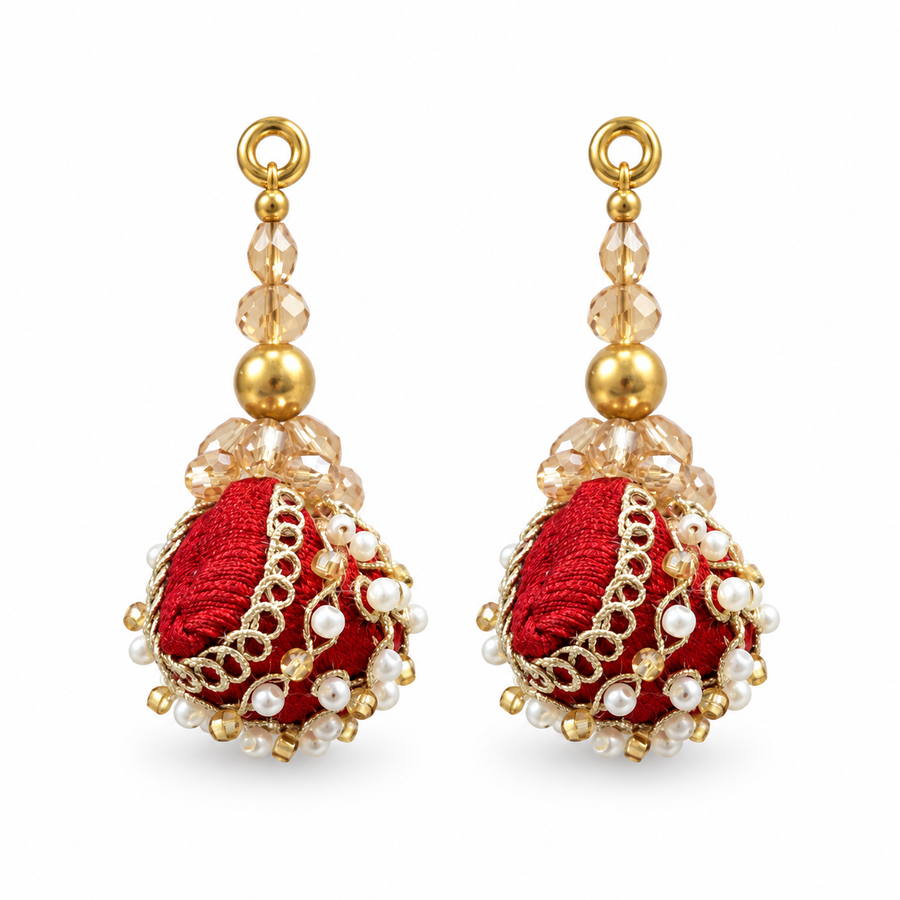 Premium Red Designer Potli Blouse Latkan with Pearl Beads, Golden Embroidery & Crystal Bead Work – Pack of 2 Pieces
