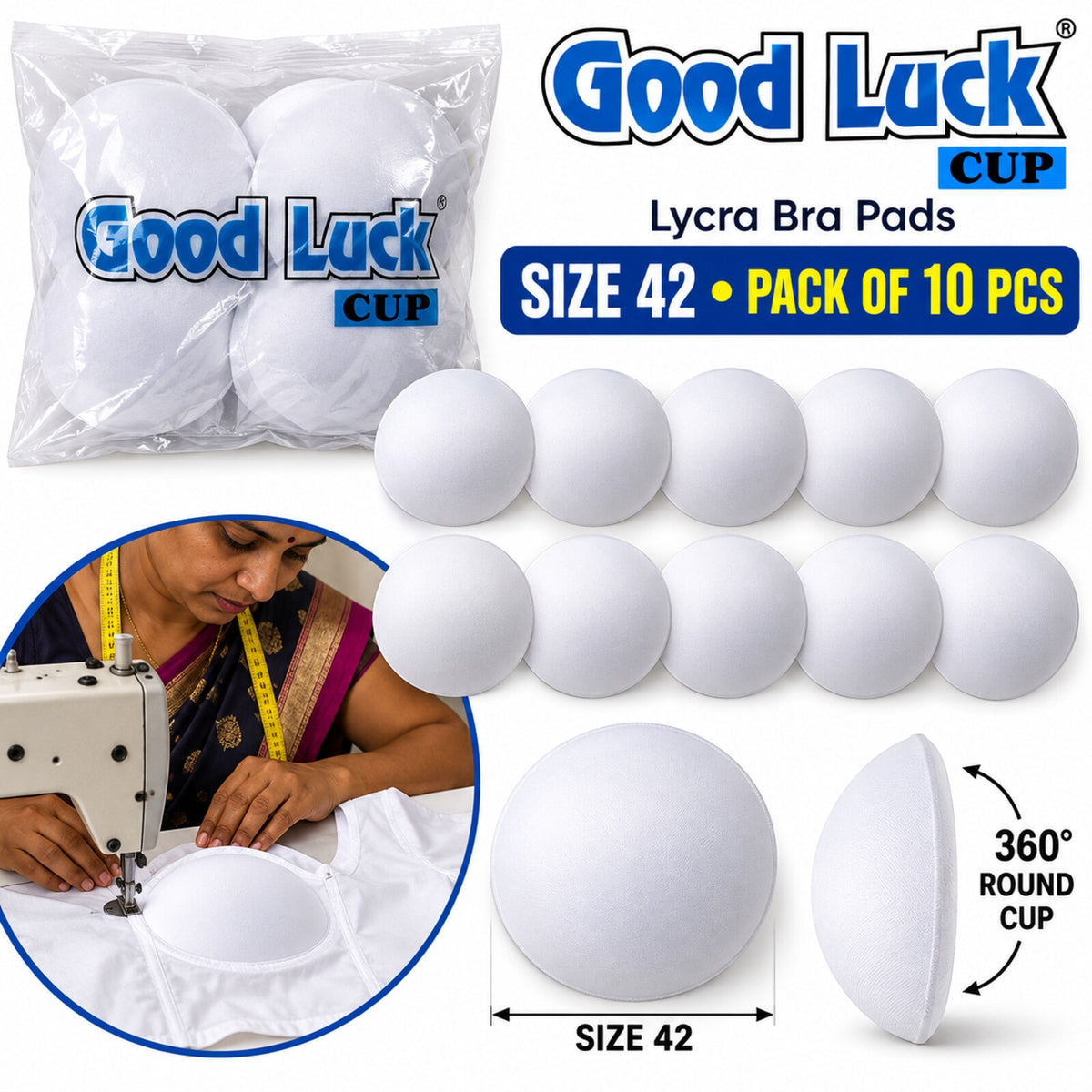 Good Luck Bra Cups Size 42 White | Blouse Padding Cups for Stitching | Pack of 10 Pieces (5 Pairs)