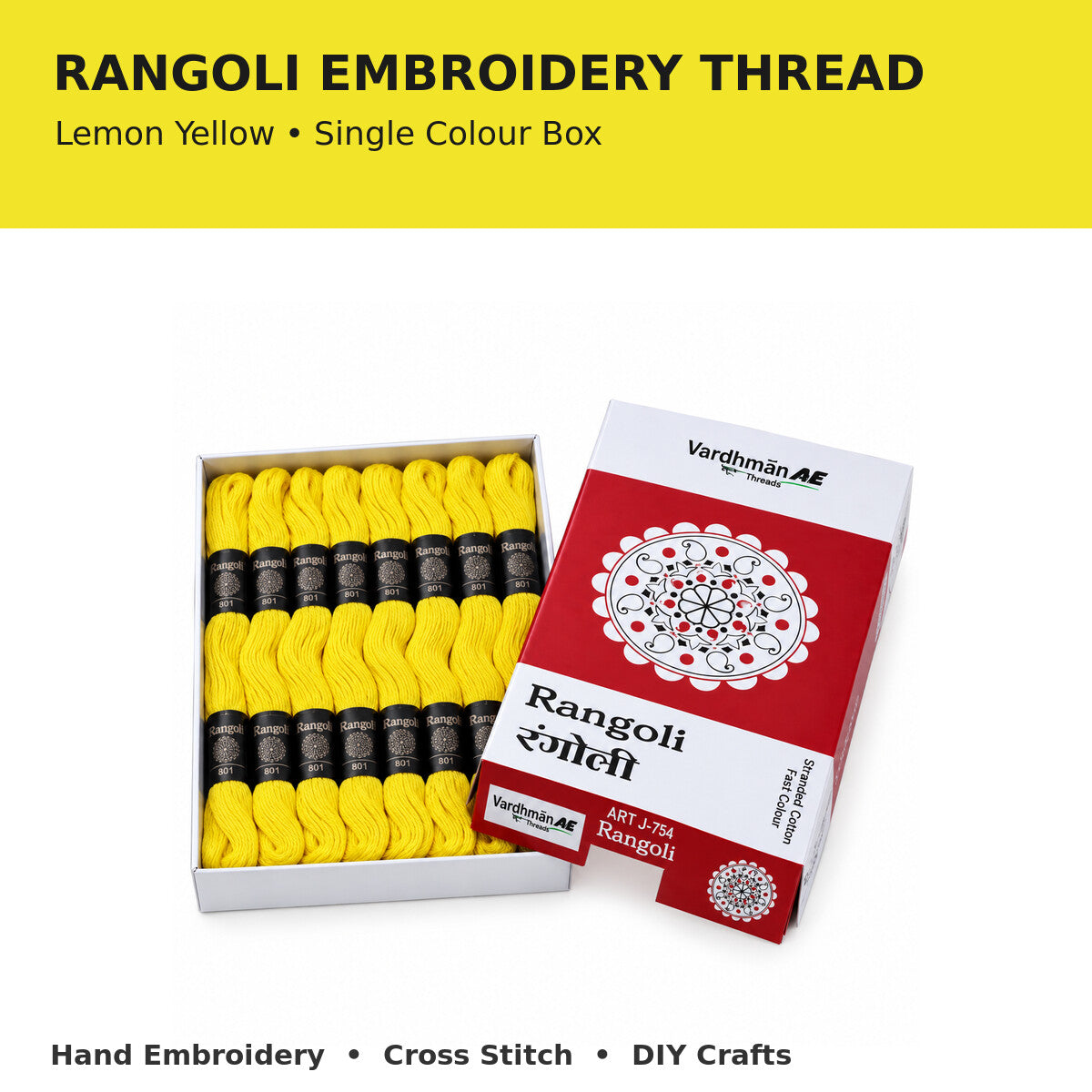 Rangoli Embroidery Thread – Lemon Yellow | Box of 25 Skeins | Stranded Cotton Thread