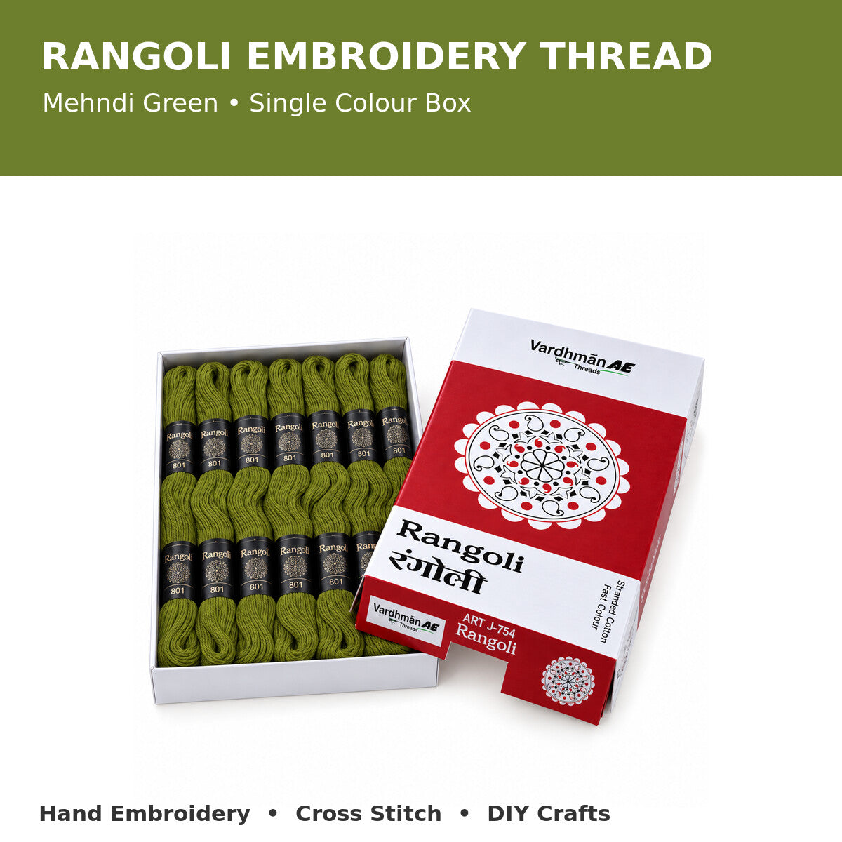 Rangoli Embroidery Thread – Mehndi Green | Box of 25 Skeins | Stranded Cotton Thread
