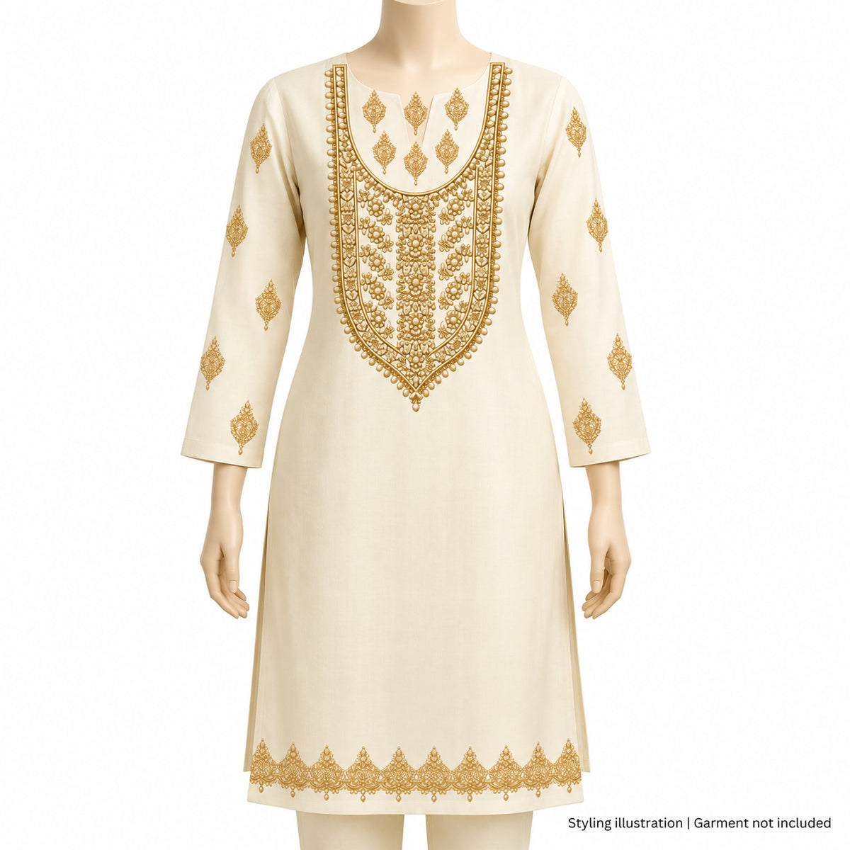 Gold-Tone Pearl Effect DTF Heat Transfer Sticker Set with Ornamental Neck Panel, Border and Motifs for Suit & Blouse