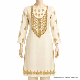 Gold-Tone Pearl Effect DTF Heat Transfer Sticker Set with Ornamental Neck Panel, Border and Motifs for Suit & Blouse