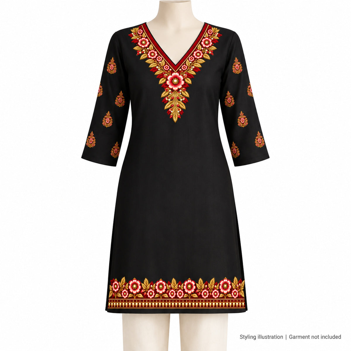 Red White & Gold Floral DTF Heat Transfer Sticker Set with V-Neckline, Borders & Motifs for Suit & Blouse