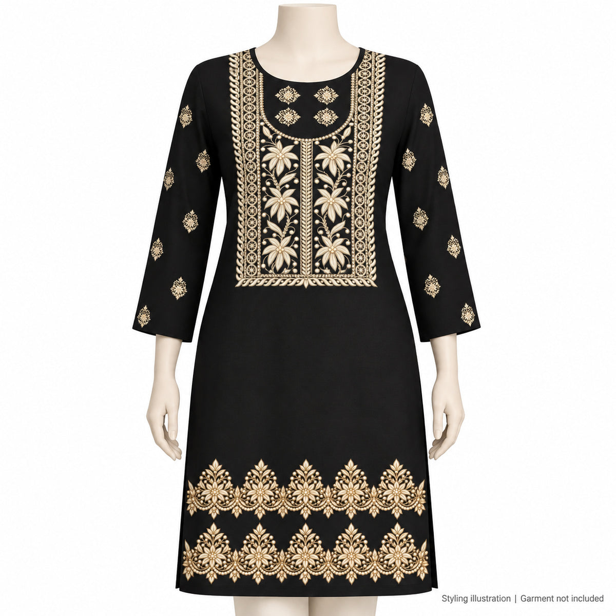 Ivory & Gold Floral DTF Heat Transfer Sticker Set with U-Neck Panel, Border & Motifs for Suit & Blouse