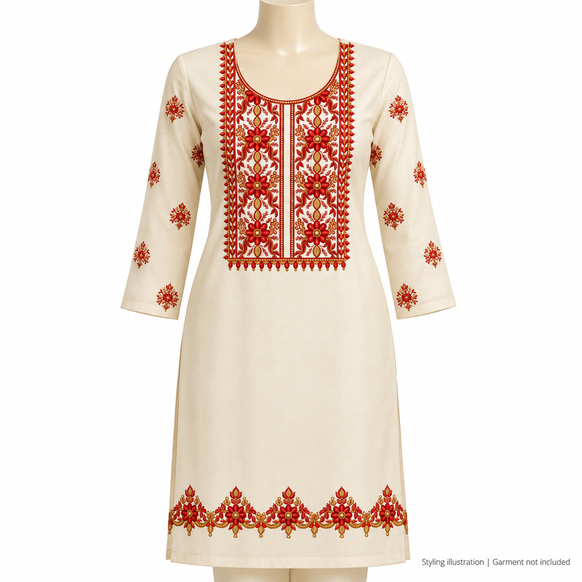 Red Floral & Gold-Tone DTF Heat Transfer Sticker Set with Long Neck Panel, Borders and Motifs for Suit & Blouse